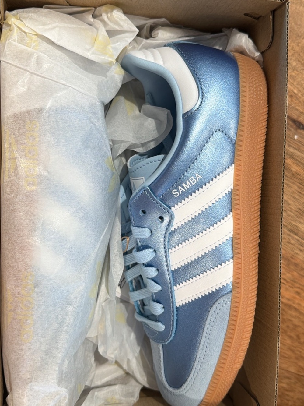 adidas Kids Samba Metallic Light Blue and White Sneakers